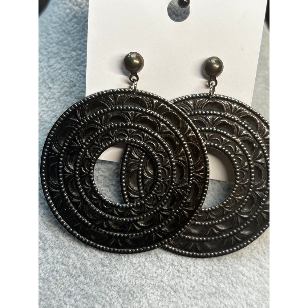 #59. Vintage Gunmetal Etched Hoop Drop Earrings